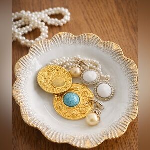 Vintage Milk Glass Petite Trinket Dish Scalloped Bowl Gilt Rim Vanity Decor